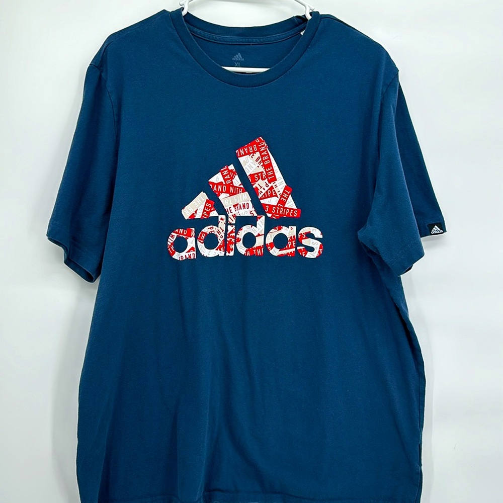 Adidas XL blue graphic design 3 Stripes The Brand T shirt